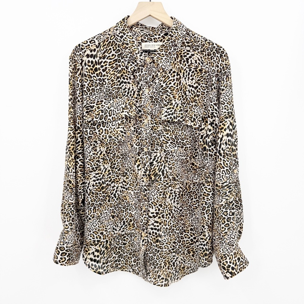 Jones New York Sport Leopard Print Button Up Blouse 1X Roll Tab Sleeve Mob Wife